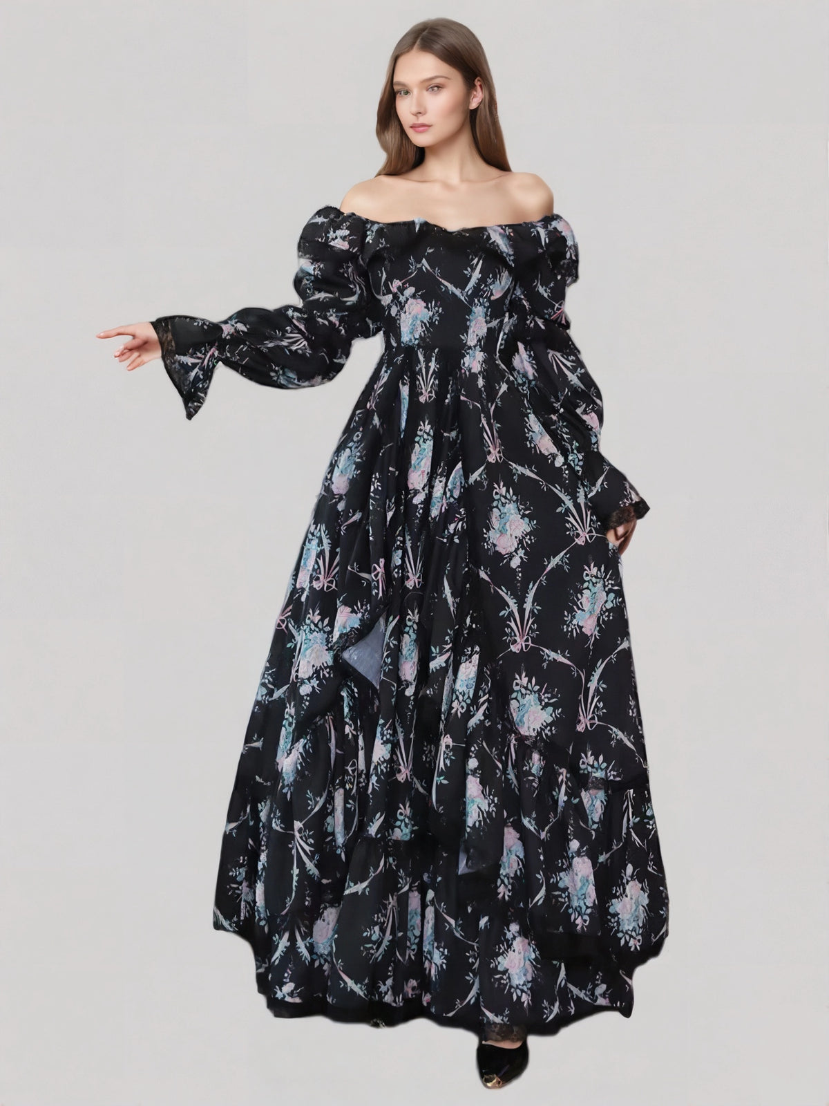 Square Neck Lantern Sleeve Printed Maxi Dress