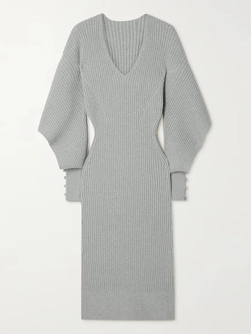 Hollow Out Minimalist Dress For V Neck Long Sleeve Knitting