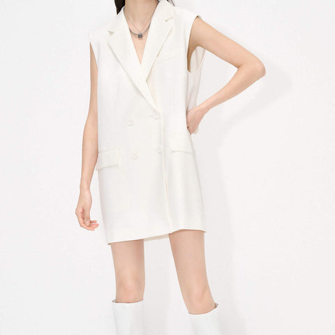 SLEEVELESS BLAZER DRESS WITH BOW - WHITE