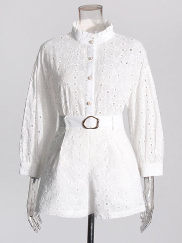 Embroidered Polka Dot Hollow Out White Two Piece Set