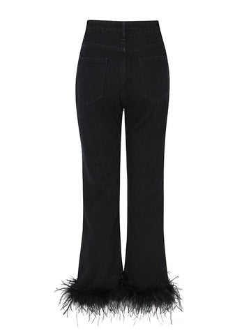 Pantalon en jean droit noir à plumes