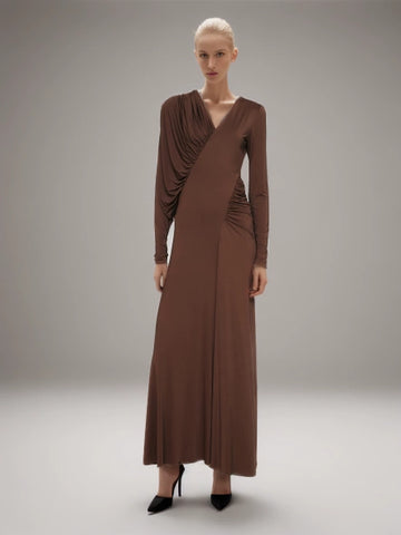 V Neck Pleated Asymmerrical Maxi Dresses