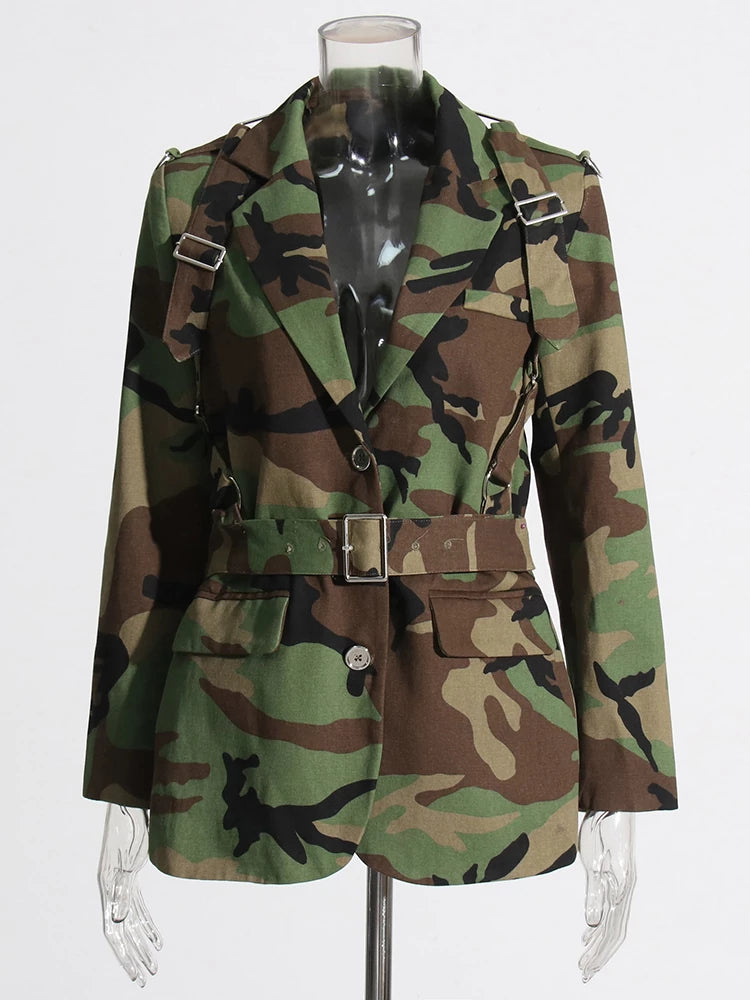 Camouflage Belt Blazers For Womer Long Sleeve Spliced Button