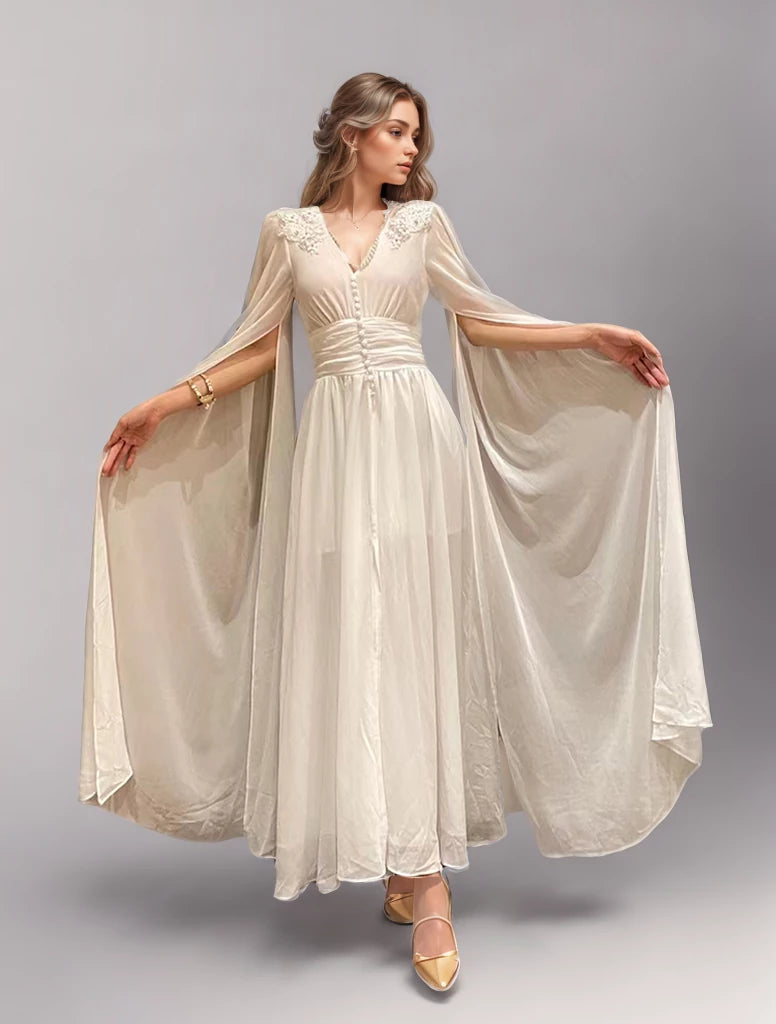 Elegant V Neck Split Slim Pleated Dress