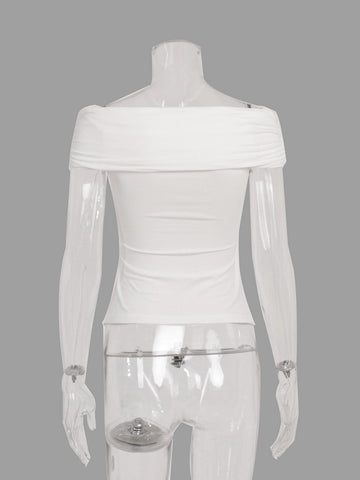 Cross Pleated V Neck Off Shoulder Short Sleeve T-shirt