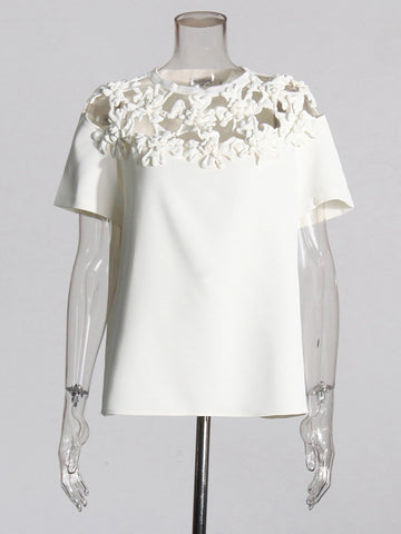 Stand Collar Flower Hollow Short Sleeve T-shirt