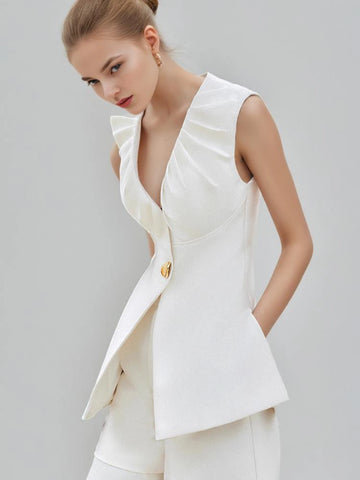 V Neck Metel Bukle Pleated Two Piece Set