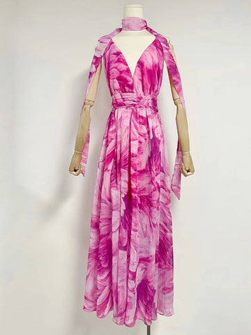 Robe longue sans bretelles à imprimé col en V