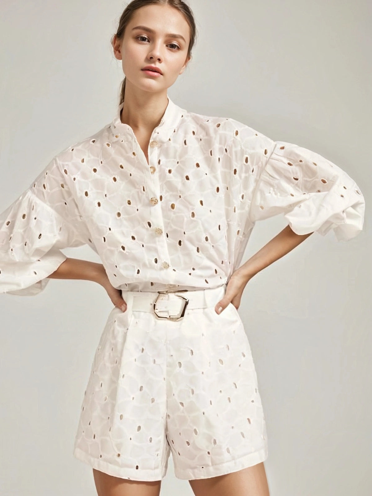 Embroidered Polka Dot Hollow Out White Two Piece Set