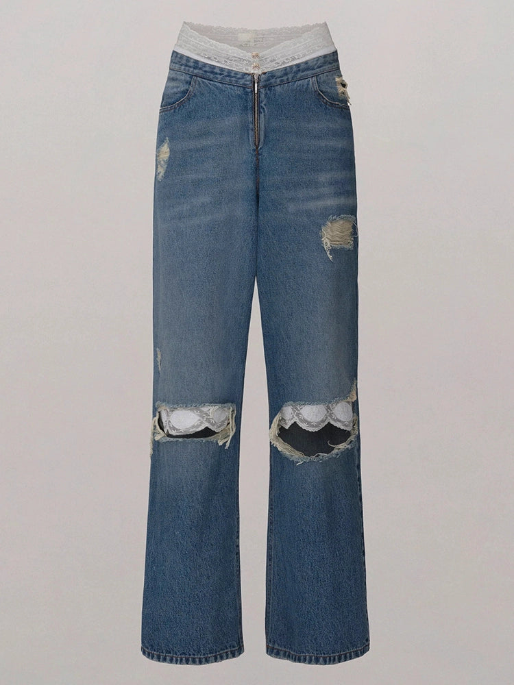 Lace Patchwork Waist Fur Tassel Wide Leg Jeans