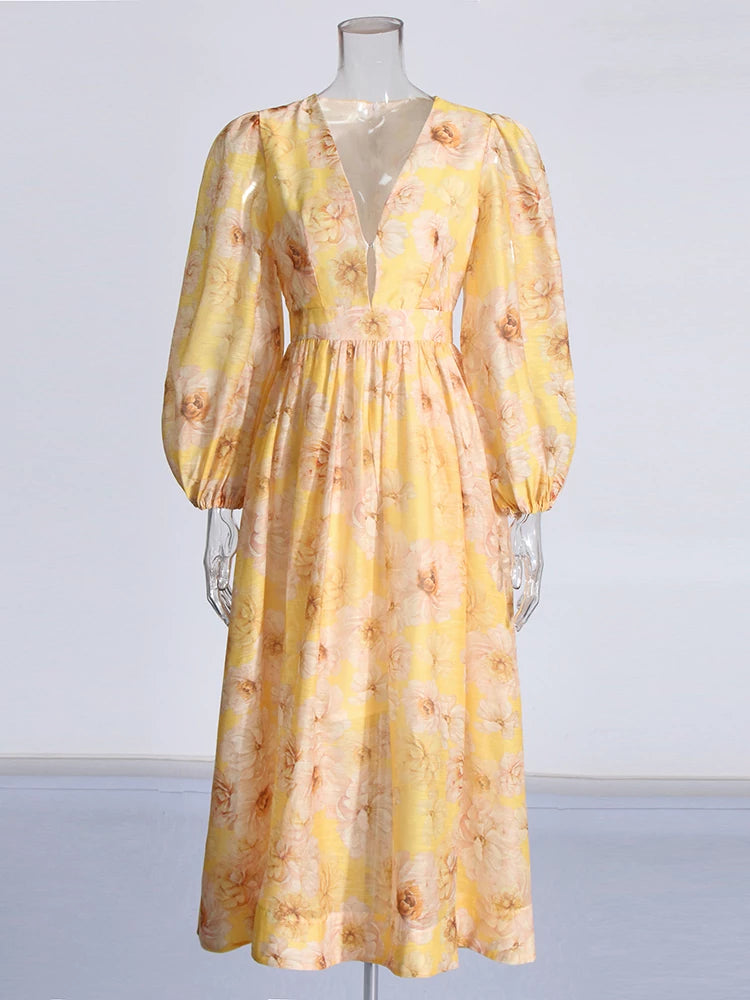 Deep V Neck Latern Sleeve Yellow Printing Dresses