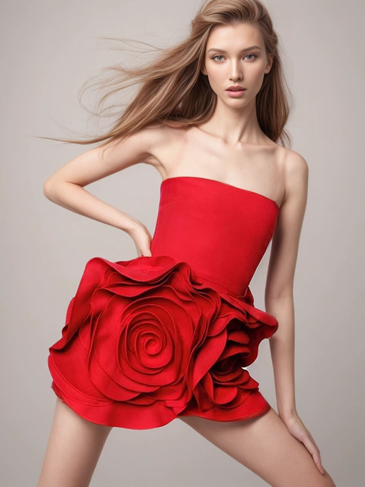 Rose Large Flower Strapless Mini Dresses