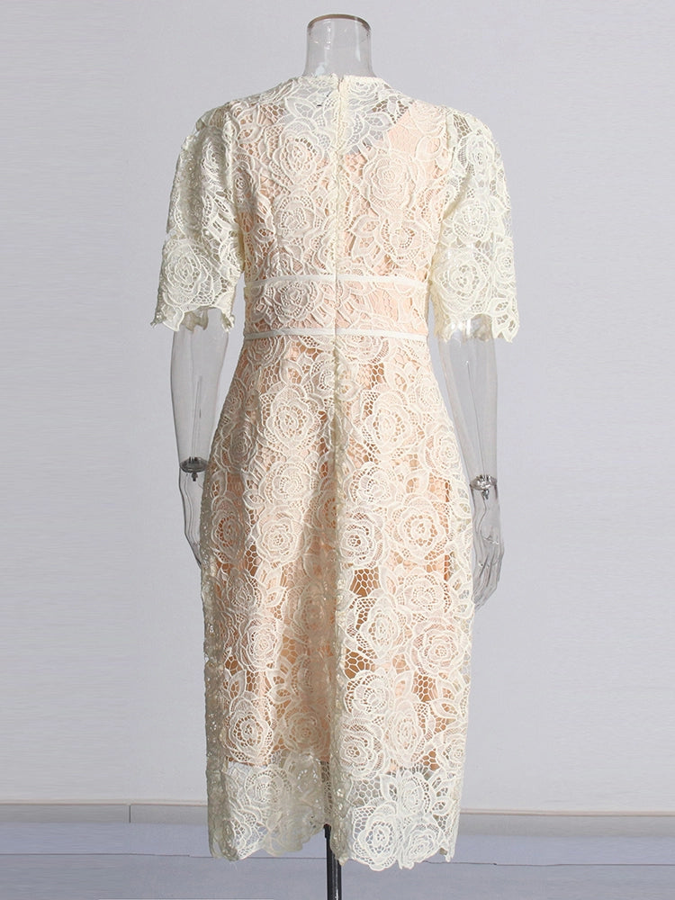 Lace Embroidered Short Sleeve Maxi Dress