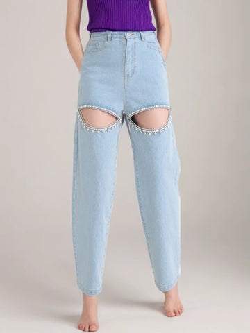 Embroidered Straight Leg Jeans High Waist Hollow Out Pants