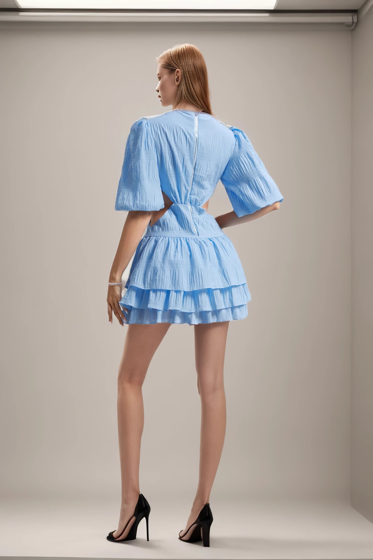 Waistless Sexy Deep V Lantern Sleeve Pleated Mini Dress