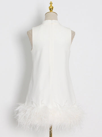 Feathers Hem Sleeveless Minimalsit Mini Dress