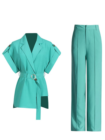Ensemble deux pièces à taille haute et manches courtes avec col en V