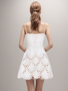 White Mini Baceless Sundress With Lace Embroidered