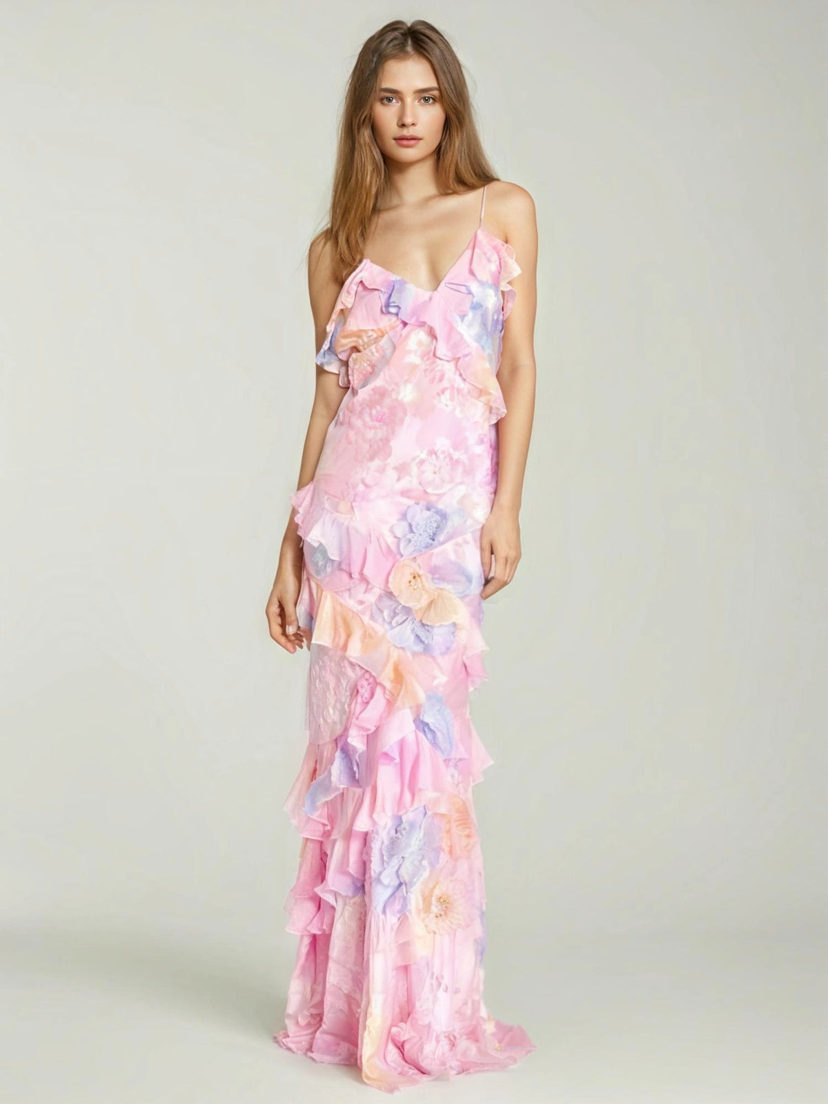 Pink Lotus Leafs Hanging Strap Maxi Dress