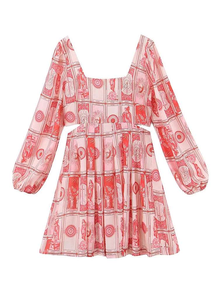 Printing Mini Dress For Square Neck Long Sleeve