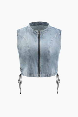 Zip Up Side Tie Denim Sleeveless Top