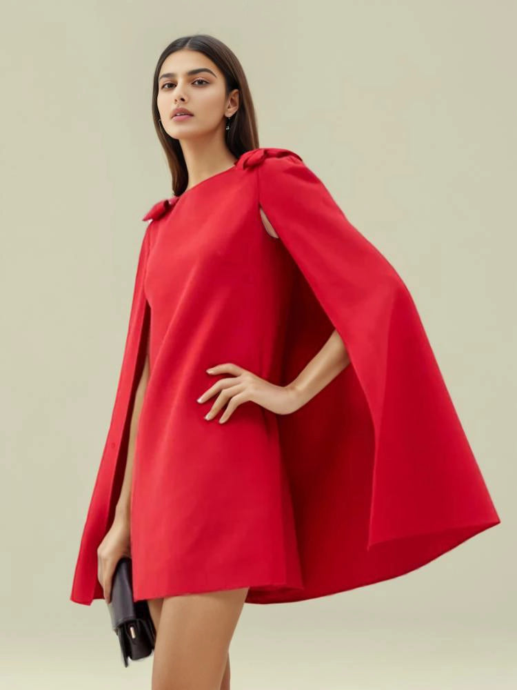 Bow Cloak Solid Mini Dress