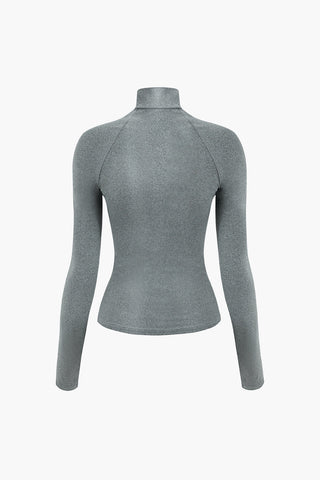 Zipper Mock Neck Stitch Detail Long Sleeve Top