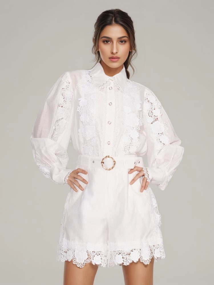 Flip Collar Embroidered Lace Long Sleeve Two Piece Set