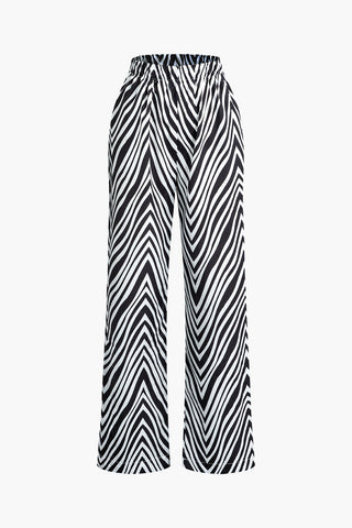 Zebra-stripe Print Notched Lapel Pocket Shirt And High Waist Pants Set