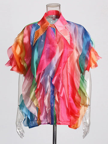 Chemise à volants superposés avec col rabattu et diamants