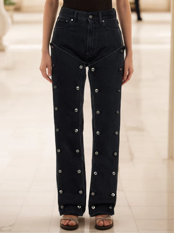 Pantalon en jean boutonné pour jean taille haute avec poche épissée