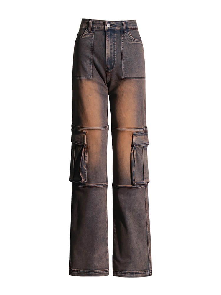 Pockets Denim Trousers For High Waist Spliced Straight Jeans