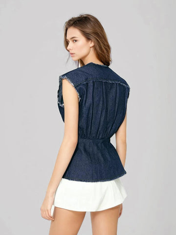 Ragged Edge Eesign Sleeveless Wide Shoulder Waistband Vest Jacket