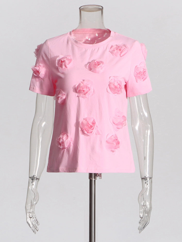 3D Rose Design Round Neck T-shirt