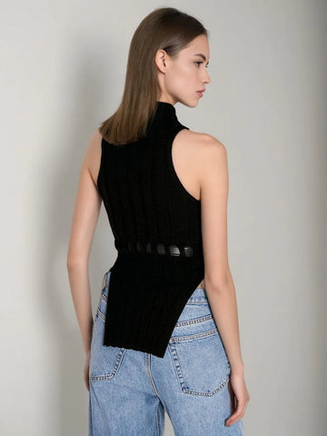 Sleeveless High Neck Irregular Knited Top Vest