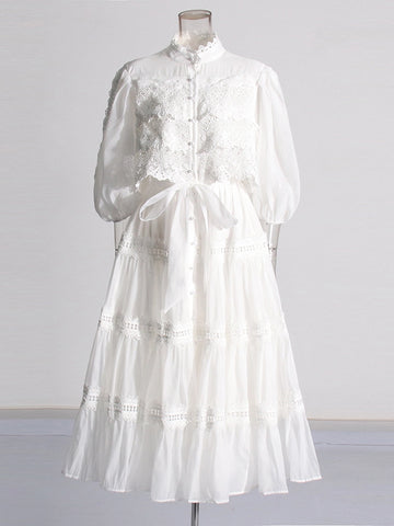 Retro Embroidery Long Sleeve Patchwork Waist Maxi Dress