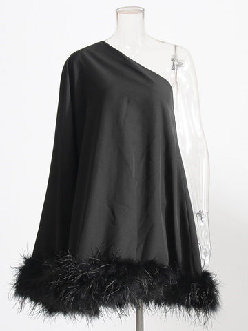 Ostrich Feather Diagonal Collar One Sleeve Dress Cloak