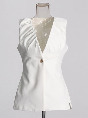 V Neck Metel Bukle Pleated Two Piece Set