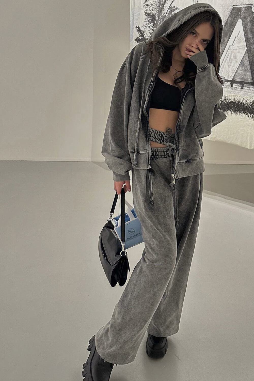 Asymmetrical Cut Out Elastic-Waist Wide-Leg Track Pants