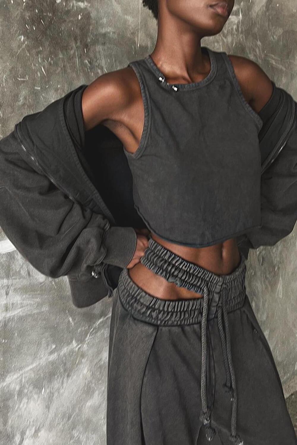 Asymmetrical Cut Out Elastic-Waist Wide-Leg Track Pants