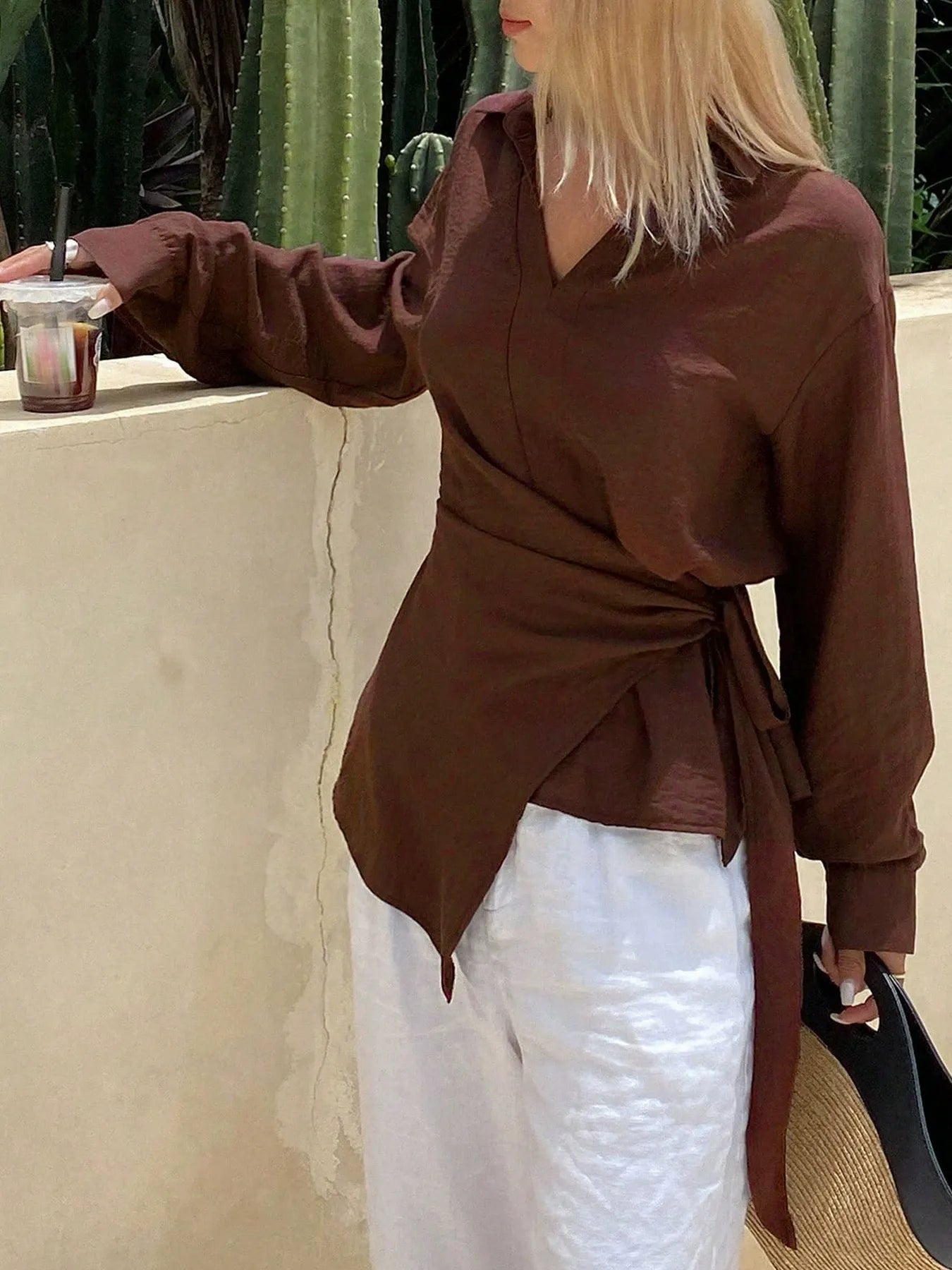 Irregularly Tied Solid-Color Cinched Waist Top
