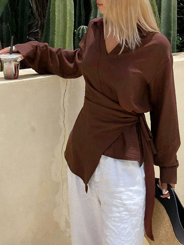 Irregularly Tied Solid-Color Cinched Waist Top