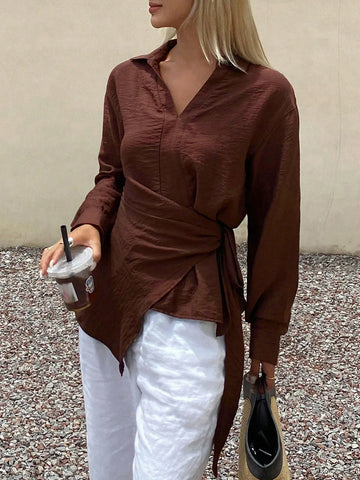 Irregularly Tied Solid-Color Cinched Waist Top