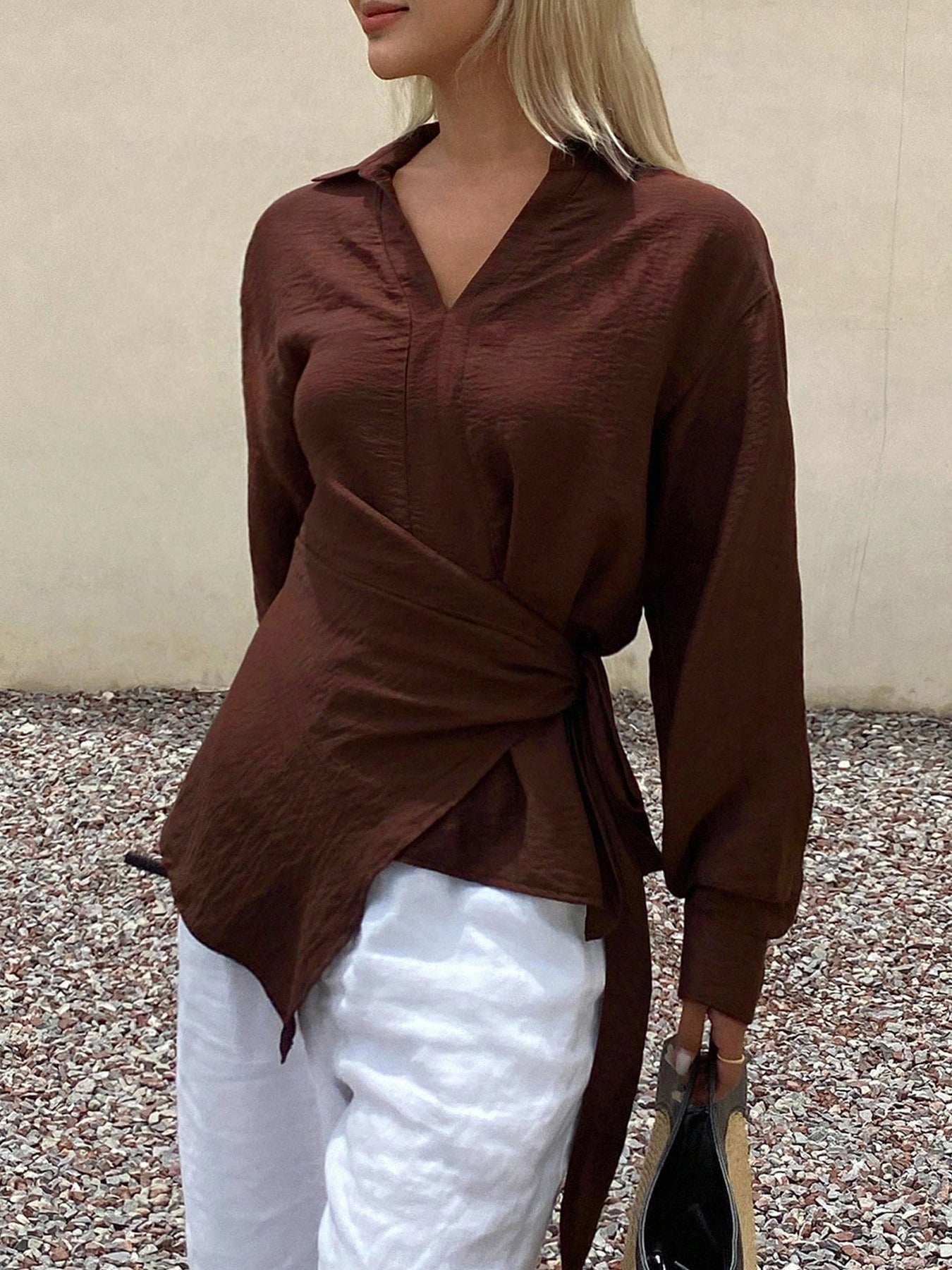 Irregularly Tied Solid-Color Cinched Waist Top
