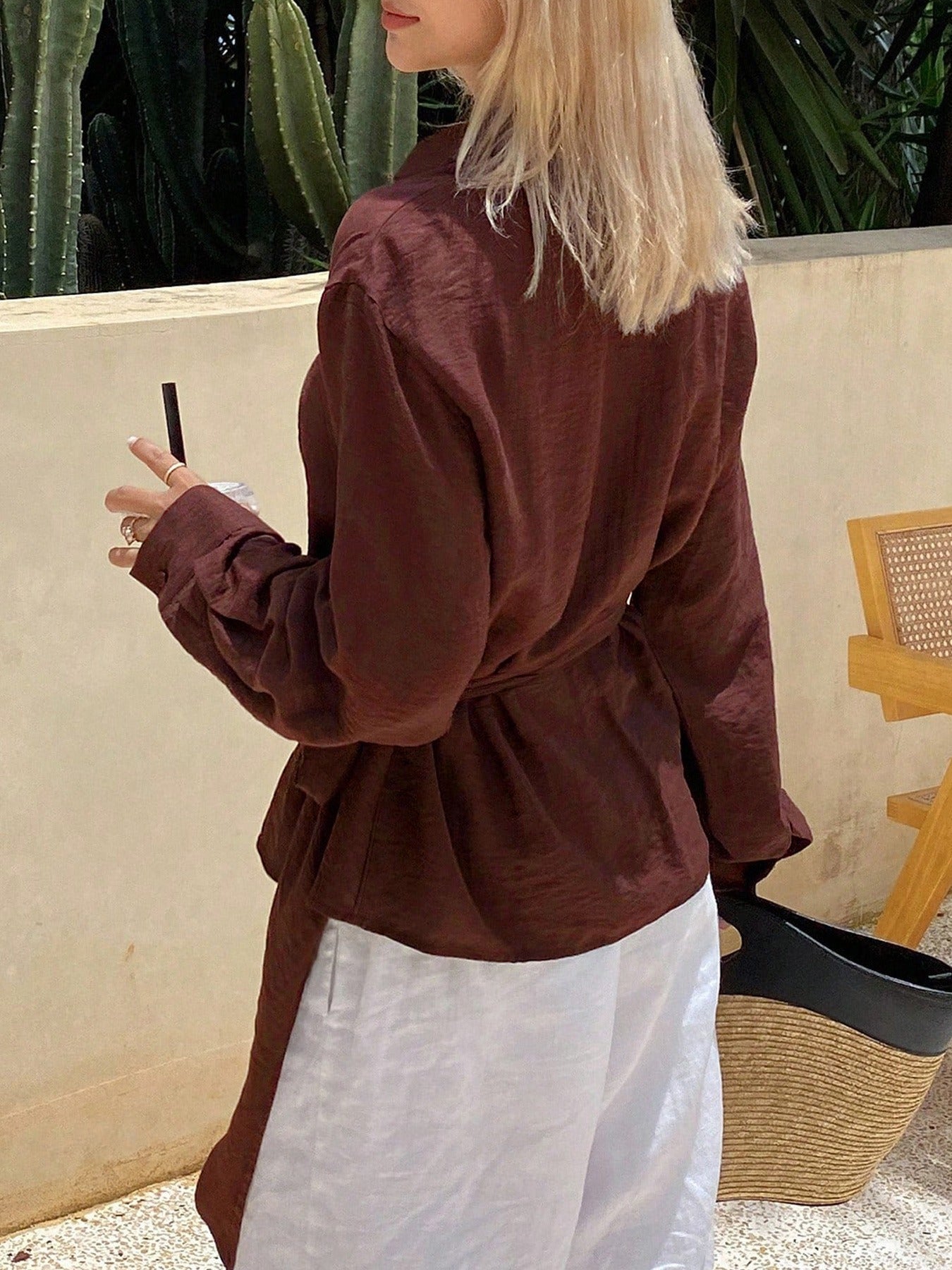 Irregularly Tied Solid-Color Cinched Waist Top