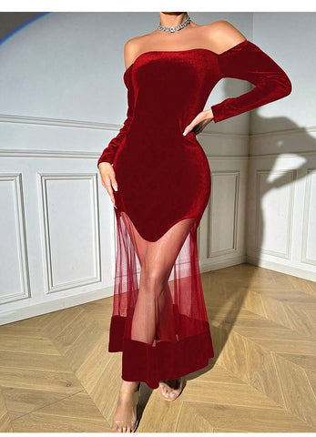 Long-Sleeved Netted Halter-Neck Dress