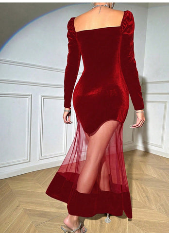 Long-Sleeved Netted Halter-Neck Dress