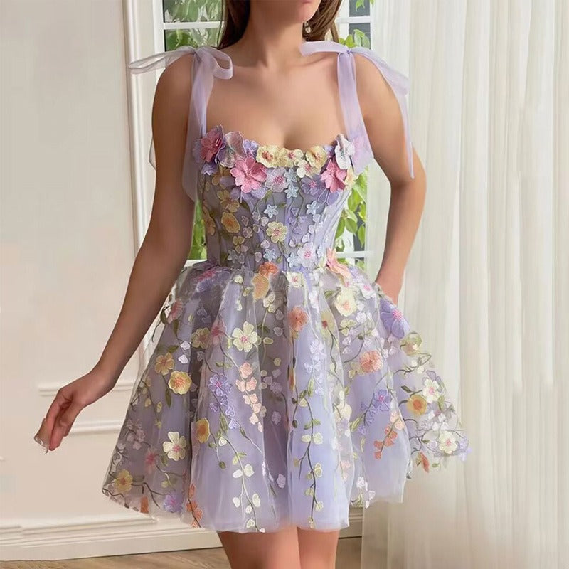 Three-Dimensional Flower Halter Dress