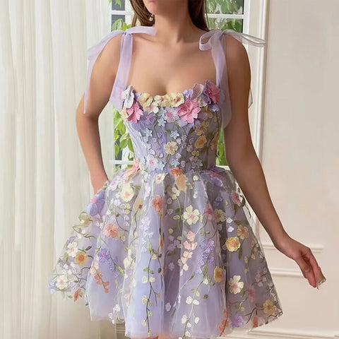 Three-Dimensional Flower Halter Dress