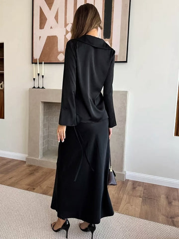 Flared Sleeve Lace-Up Top And Fishtail Skirt Set